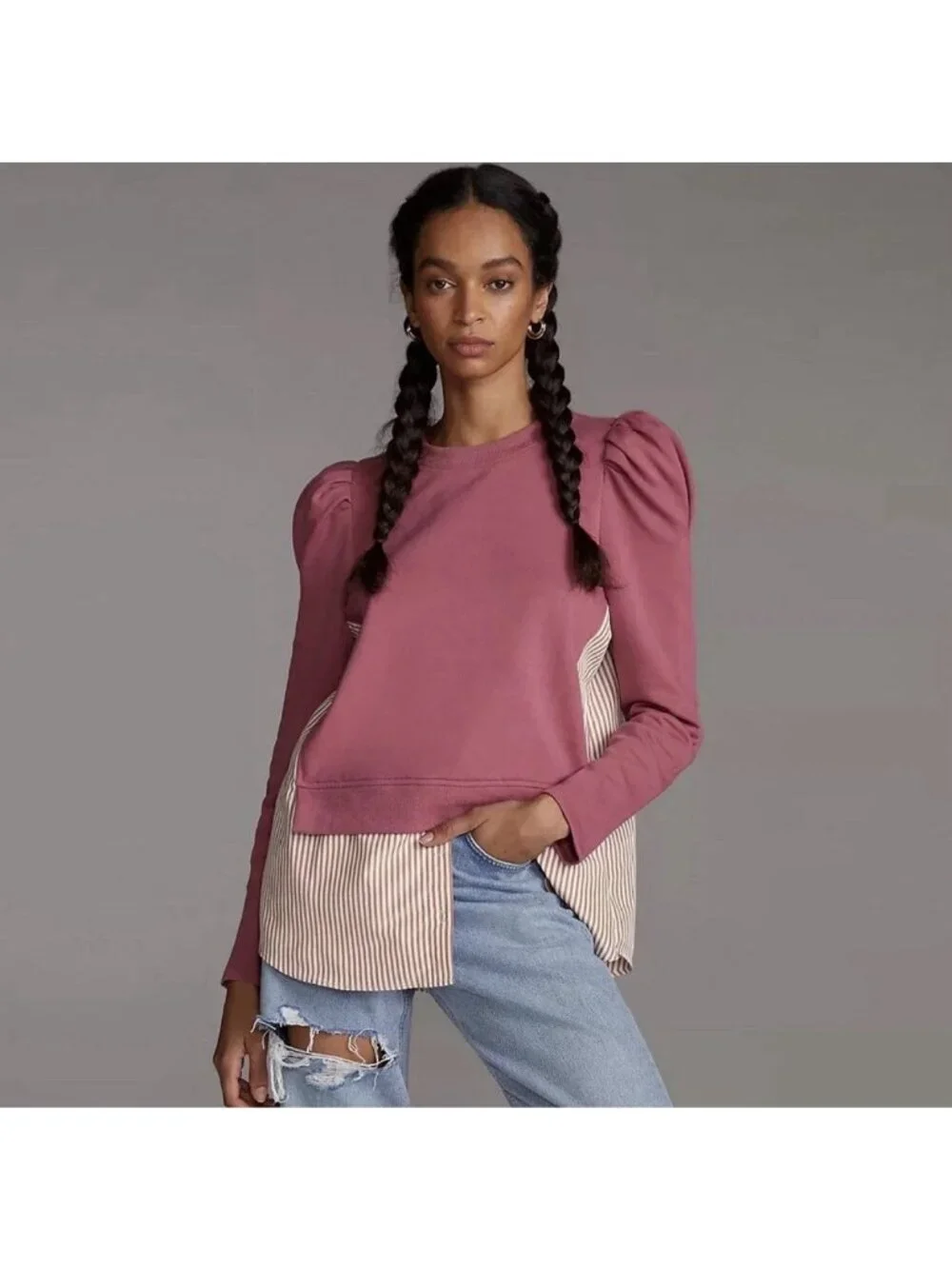 Anthropologie Maeve Puff Sleeve Twofer Layered Tunic Sweatshirt Pink Combo Sz XL - Picture 1 of 11
